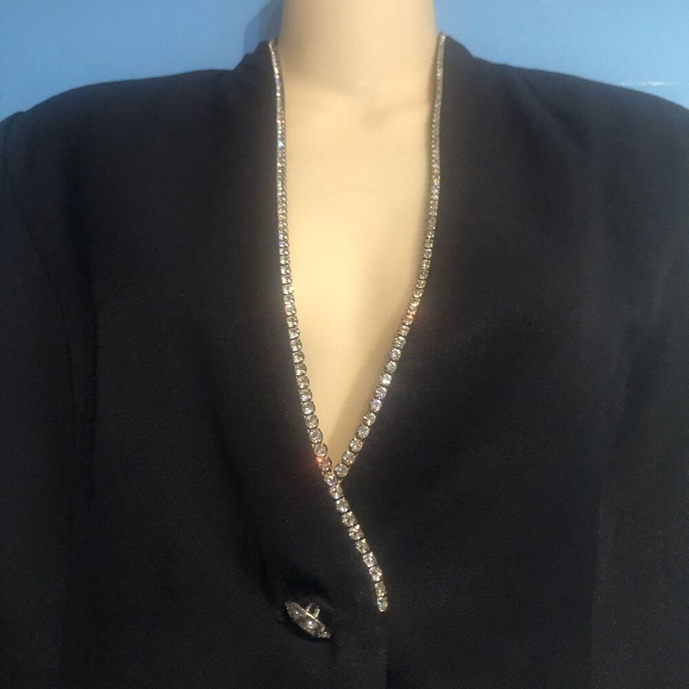 Vintage 1980s JR Nites Petites M Dress Jacket Navy Rhinestone Trim Shoulder Pads - Picture 6 of 9